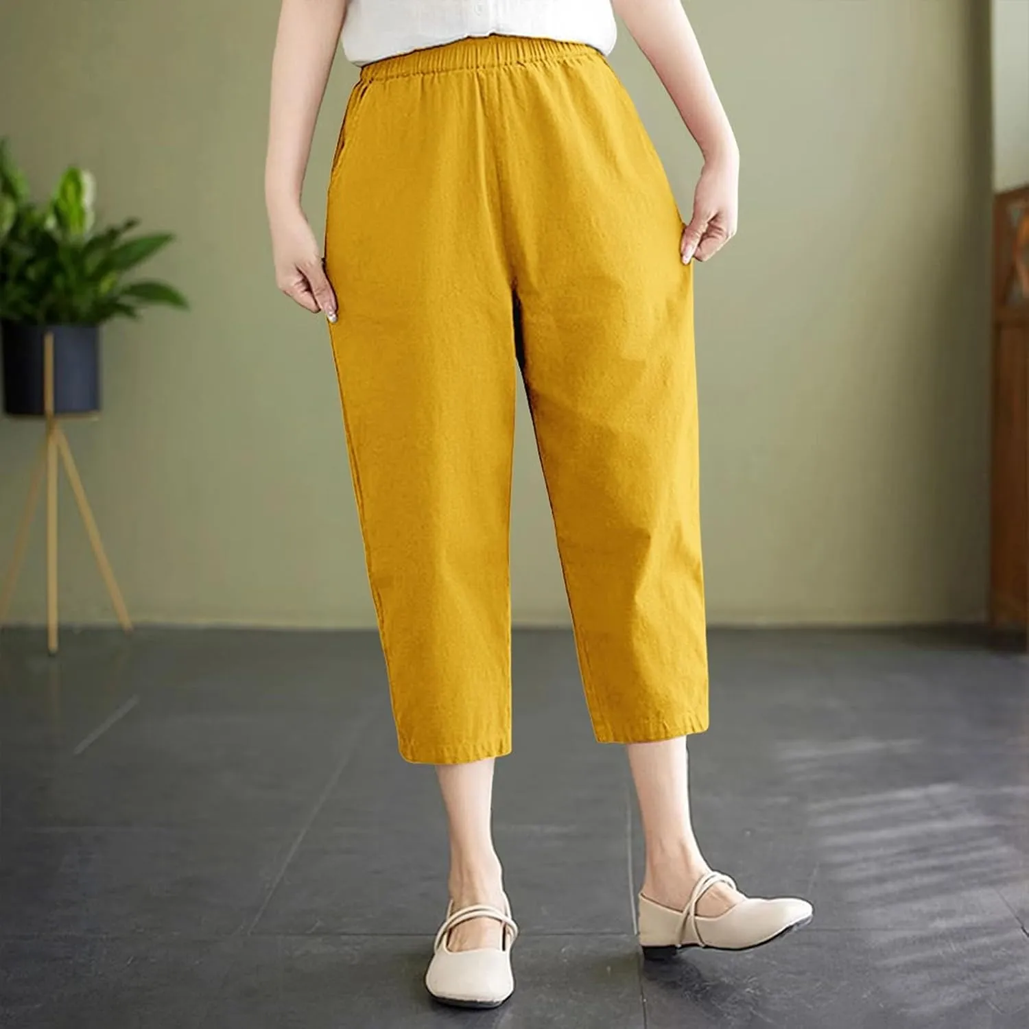 Wide Leg Linen Pants for Women Summer Beach High Waist Capri Palazzo Flowy Pant Casual Loose Trousers with Pockets