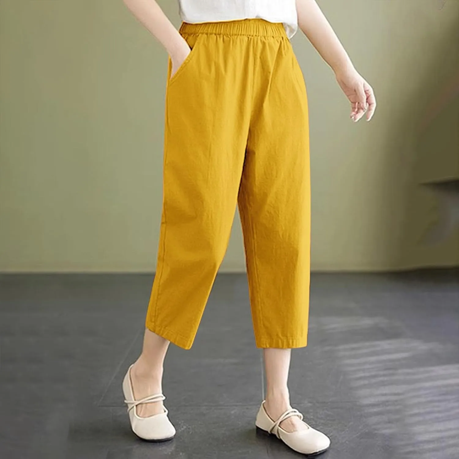 Wide Leg Linen Pants for Women Summer Beach High Waist Capri Palazzo Flowy Pant Casual Loose Trousers with Pockets