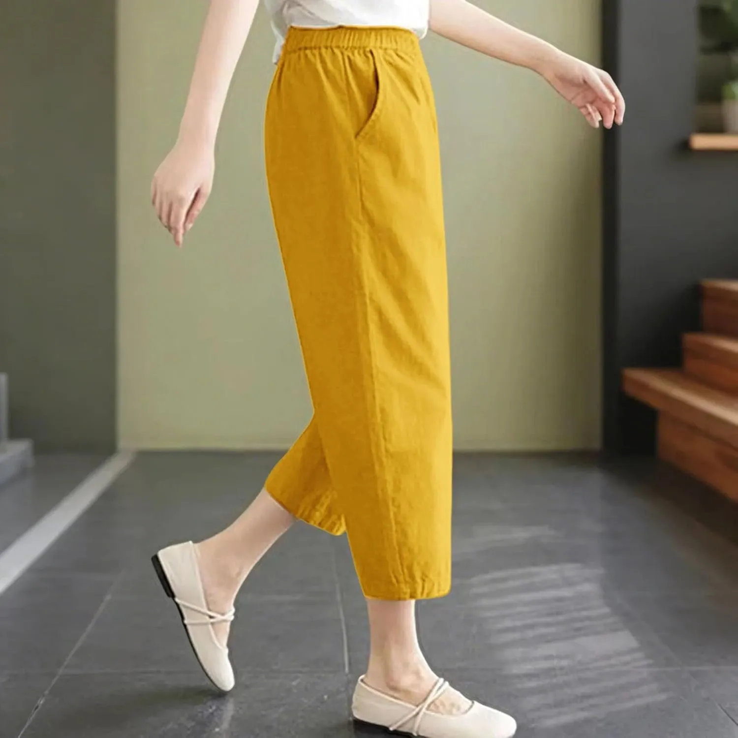 Wide Leg Linen Pants for Women Summer Beach High Waist Capri Palazzo Flowy Pant Casual Loose Trousers with Pockets