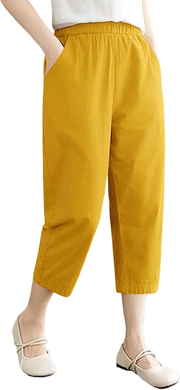 Wide Leg Linen Pants for Women Summer Beach High Waist Capri Palazzo Flowy Pant Casual Loose Trousers with Pockets