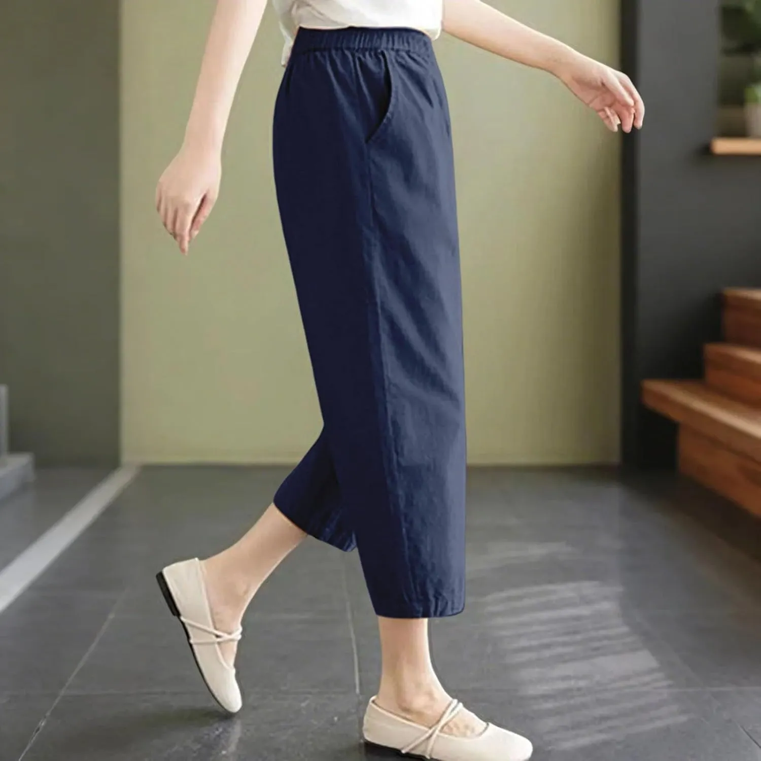 Wide Leg Linen Pants for Women Summer Beach High Waist Capri Palazzo Flowy Pant Casual Loose Trousers with Pockets