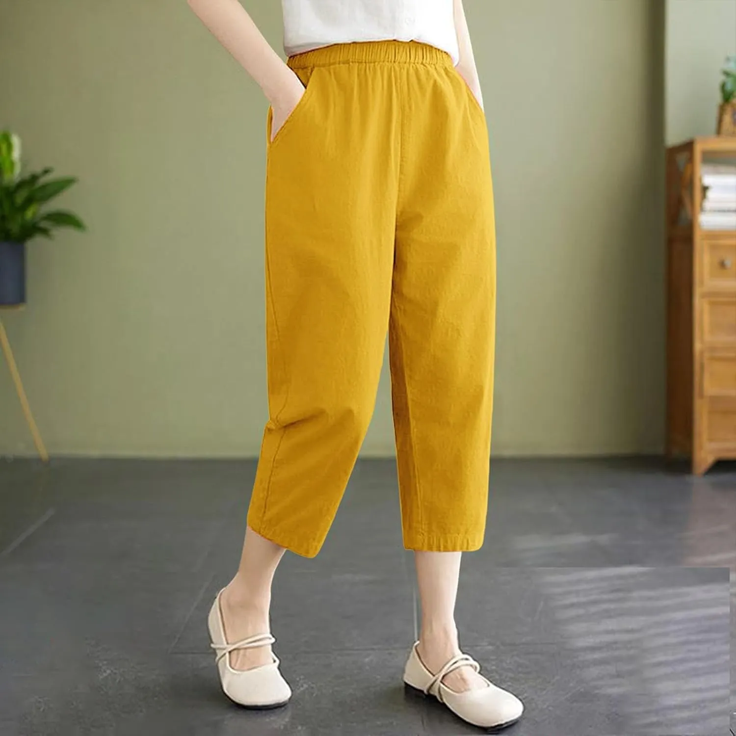 Wide Leg Linen Pants for Women Summer Beach High Waist Capri Palazzo Flowy Pant Casual Loose Trousers with Pockets