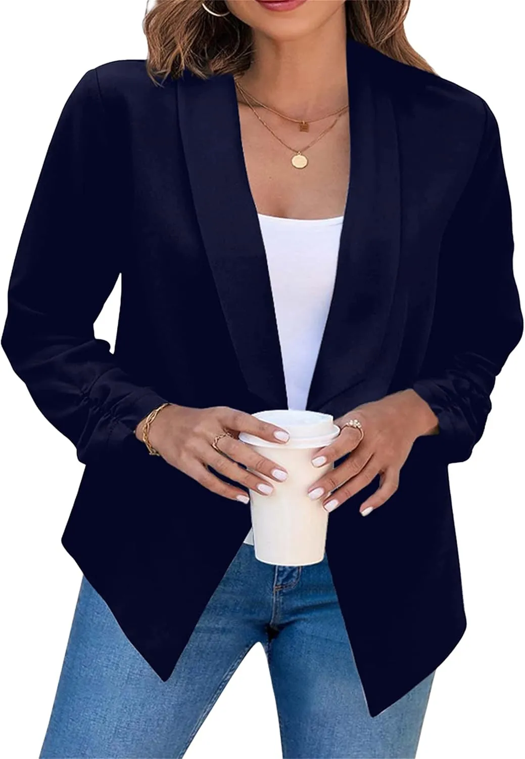 WIWIQS Women's Long Sleeve Open Front Office Blazer Business Lightweight Solid Color Blazers Dressy Casual Lapel Suit Jackets