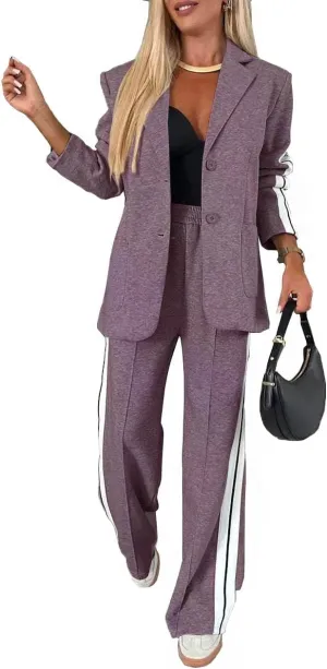 Women 2 Piece Business Outfits Sets Striped Print Blazer Jacket and Wide Leg Pants Work Casual Office Suit Sets