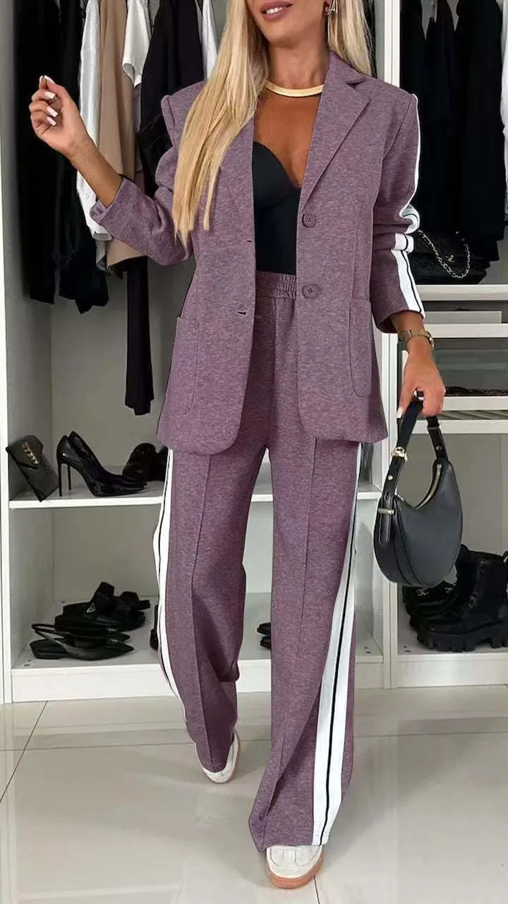 Women 2 Piece Business Outfits Sets Striped Print Blazer Jacket and Wide Leg Pants Work Casual Office Suit Sets