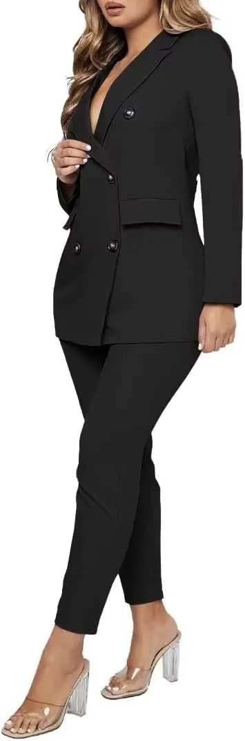 Women Double Breasted Blazer Set Formal 2 Piece Pants Outfits Long Sleeve Bussines Suit Set for Work Office