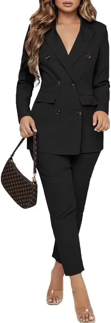 Women Double Breasted Blazer Set Formal 2 Piece Pants Outfits Long Sleeve Bussines Suit Set for Work Office