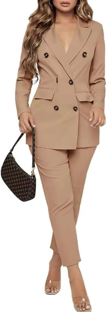 Women Double Breasted Blazer Set Formal 2 Piece Pants Outfits Long Sleeve Bussines Suit Set for Work Office