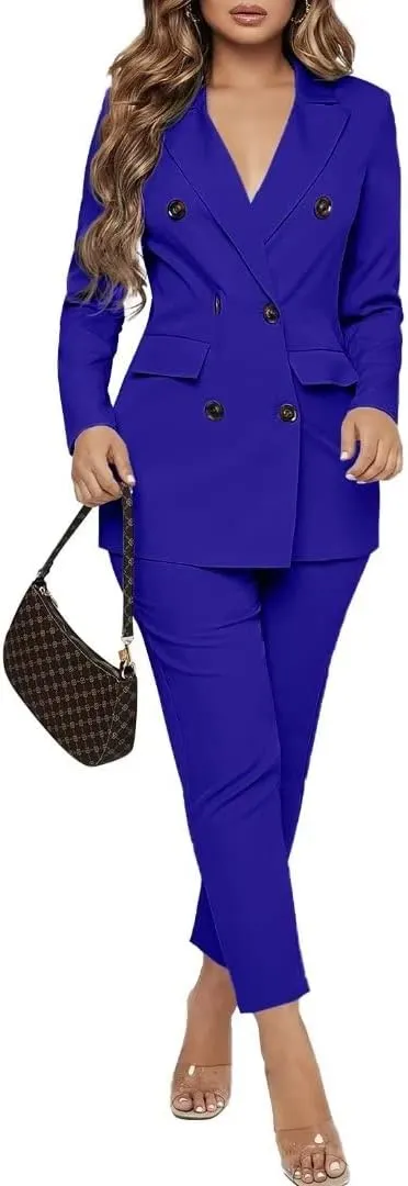 Women Double Breasted Blazer Set Formal 2 Piece Pants Outfits Long Sleeve Bussines Suit Set for Work Office