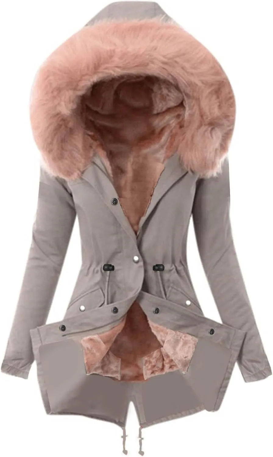 Women Faux Leather Trench Coat Fleece-Lined Mid-Length Jacket Winter Outwear Thicken Jackets with Hood