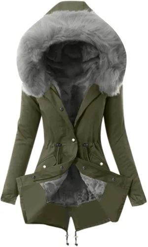 Women Faux Leather Trench Coat Fleece-Lined Mid-Length Jacket Winter Outwear Thicken Jackets with Hood