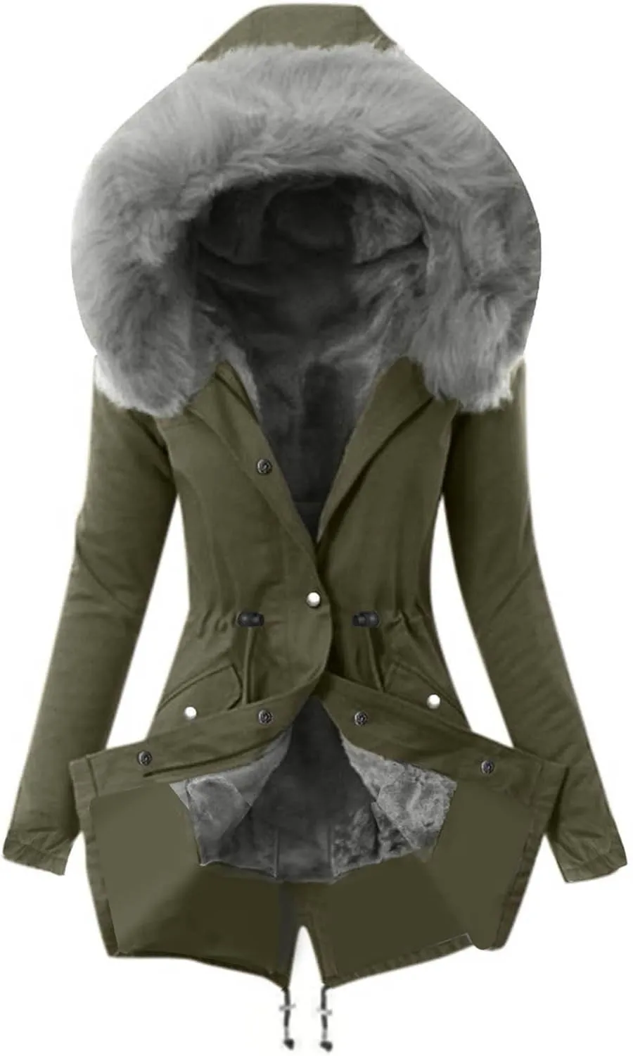 Women Faux Leather Trench Coat Fleece-Lined Mid-Length Jacket Winter Outwear Thicken Jackets with Hood