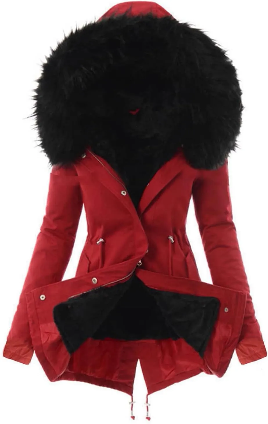 Women Faux Leather Trench Coat Fleece-Lined Mid-Length Jacket Winter Outwear Thicken Jackets with Hood