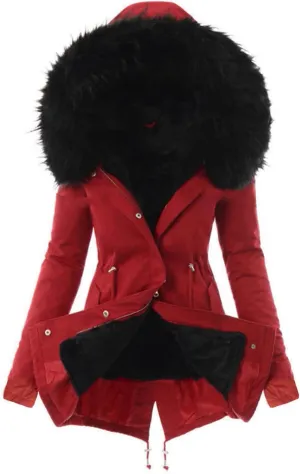 Women Faux Leather Trench Coat Fleece-Lined Mid-Length Jacket Winter Outwear Thicken Jackets with Hood