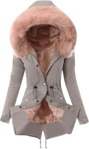 Women Faux Leather Trench Coat Fleece-Lined Mid-Length Jacket Winter Outwear Thicken Jackets with Hood