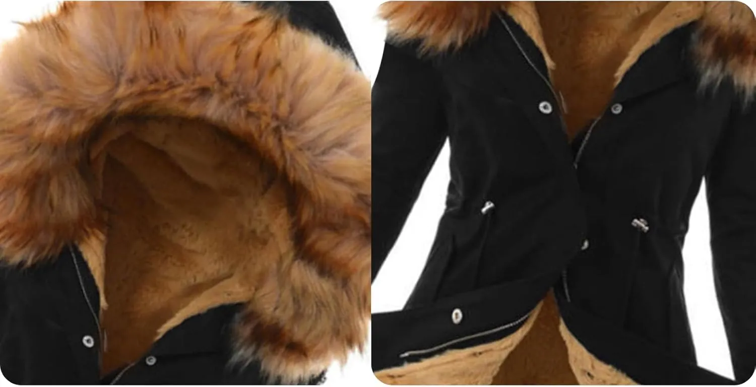 Women Faux Leather Trench Coat Fleece-Lined Mid-Length Jacket Winter Outwear Thicken Jackets with Hood