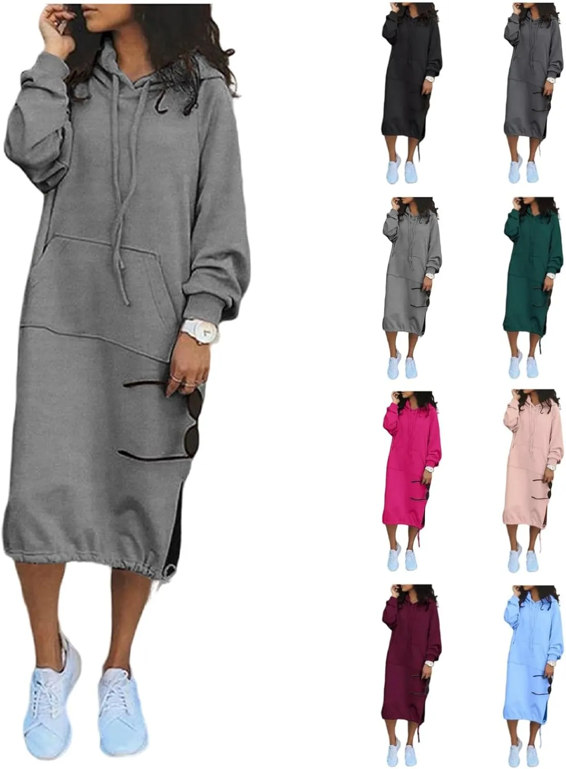 Women Maxi Hoodies Dress Casual Long Dresses Fashion Split Hem Drawstring Hooded Long Sleeve Sweatshirt with Pockets