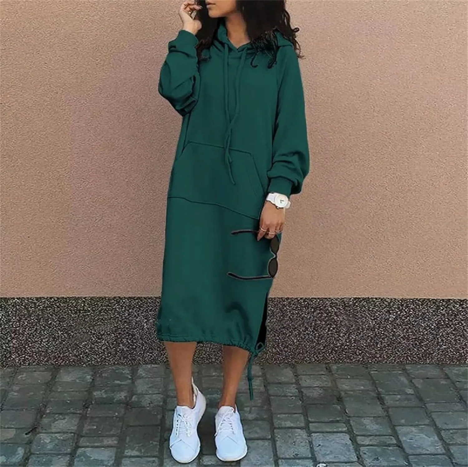 Women Maxi Hoodies Dress Casual Long Dresses Fashion Split Hem Drawstring Hooded Long Sleeve Sweatshirt with Pockets