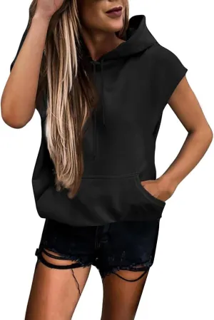 Women Oversized Drawstring Hooded Sweatshirt Sleeveless Solid Color Pullover Top Workout Athletic Hoodies with Pocket