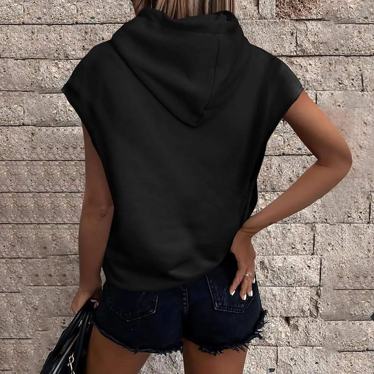 Women Oversized Drawstring Hooded Sweatshirt Sleeveless Solid Color Pullover Top Workout Athletic Hoodies with Pocket