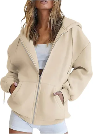 Women Oversized Hoodies Sweatshirts Solid Zipper Long Sleeve Jacket Tops Pullover Drawstring Trendy Outfit with Pocket
