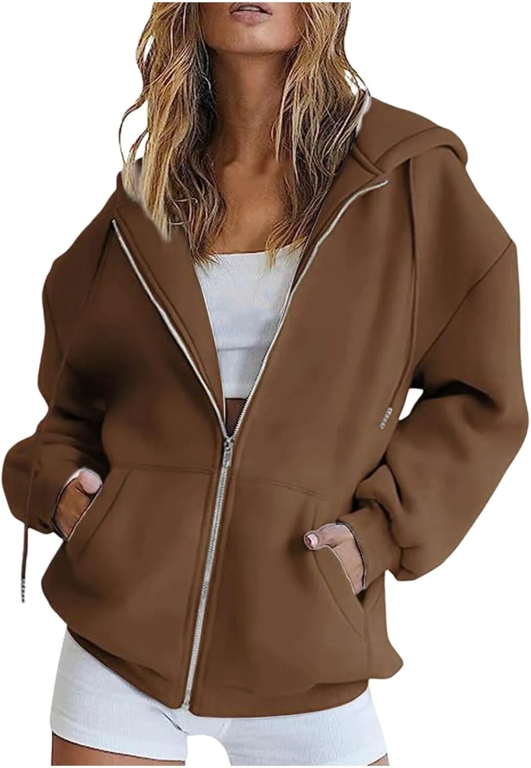Women Oversized Hoodies Sweatshirts Solid Zipper Long Sleeve Jacket Tops Pullover Drawstring Trendy Outfit with Pocket