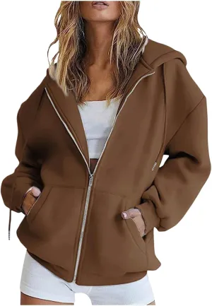 Women Oversized Hoodies Sweatshirts Solid Zipper Long Sleeve Jacket Tops Pullover Drawstring Trendy Outfit with Pocket