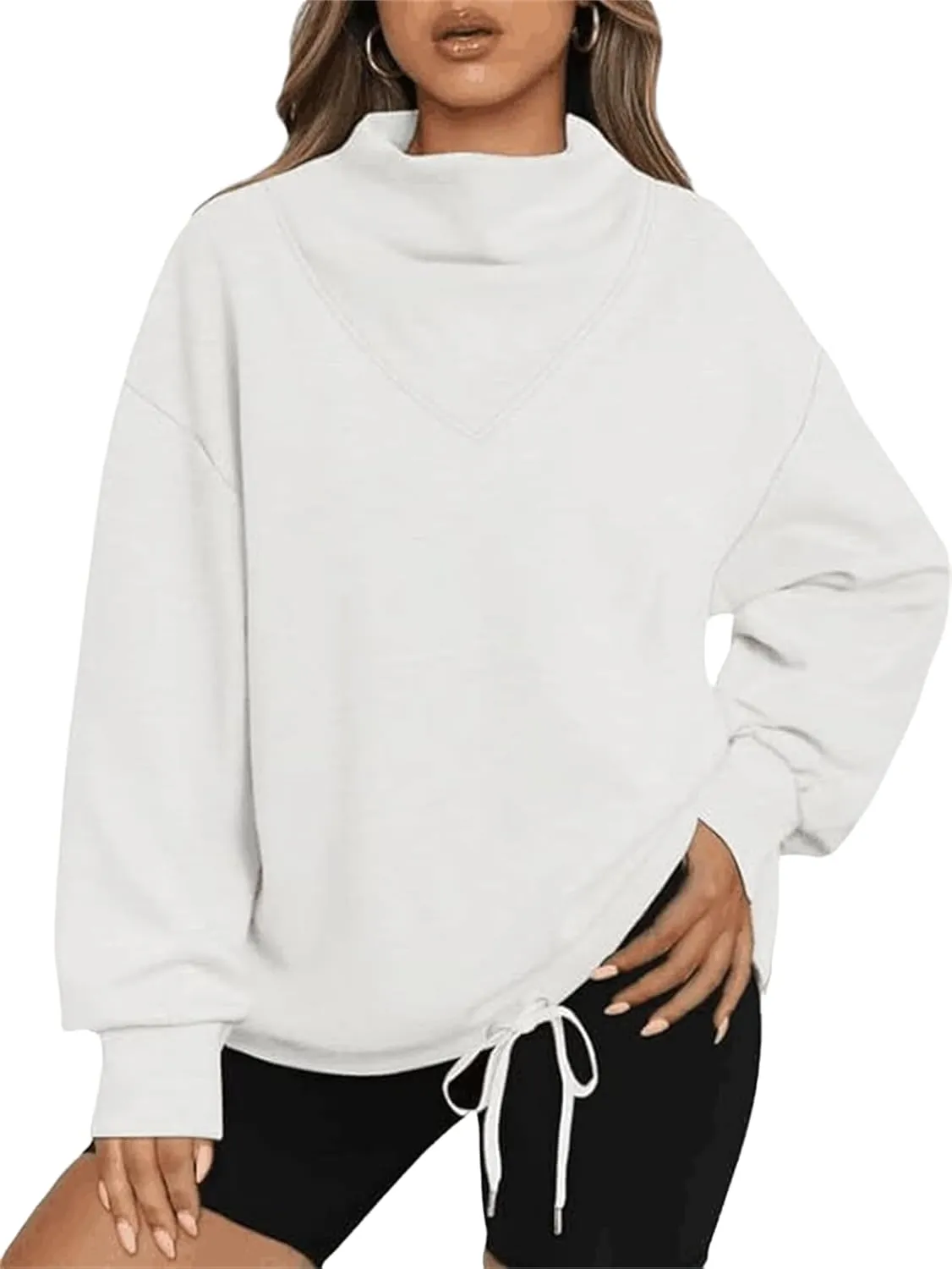 Women Oversized Turtleneck Sweatshirts 2023 Fall Solid Long Sleeve Pullover Tops Casual Clothes with Drawstring Hem