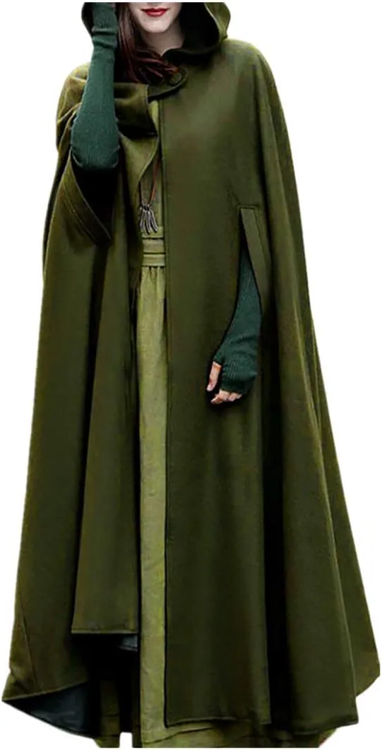 Women Trench Coat Cloak Hooded Long Open Front Cape Coats Poncho Batwing Poncho Cardigan Army Green