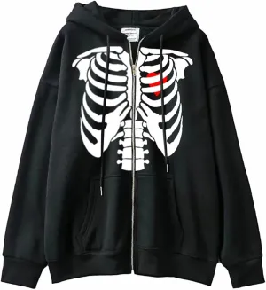 Women Trendy Hoodie Y2K Zip Up Oversized Sweatshirt Harajuku Punk Streetwear Long Sleeve Skeleton Grapic Jacket Cute
