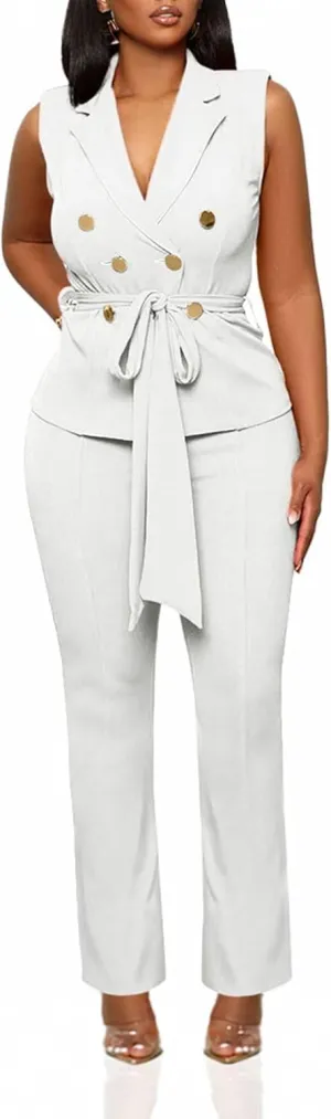 Womens 2 Piece Blazer Pants Set 2025 Trendy V Neck Sleeveless Belted Vest Straight Long Pants Business Suit Sets