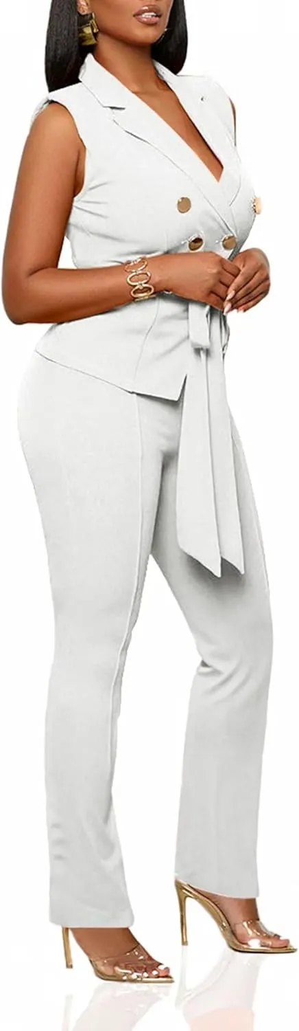 Womens 2 Piece Blazer Pants Set 2025 Trendy V Neck Sleeveless Belted Vest Straight Long Pants Business Suit Sets