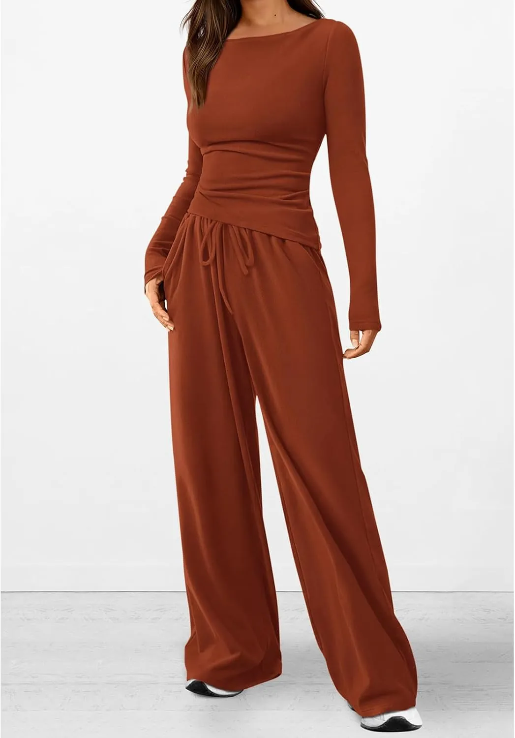 Women's 2 Piece Lounge Sets Asymmetrical Ruched Long Sleeve Top Wide Leg High Waisted Pants Casual Outfits Tracksuit