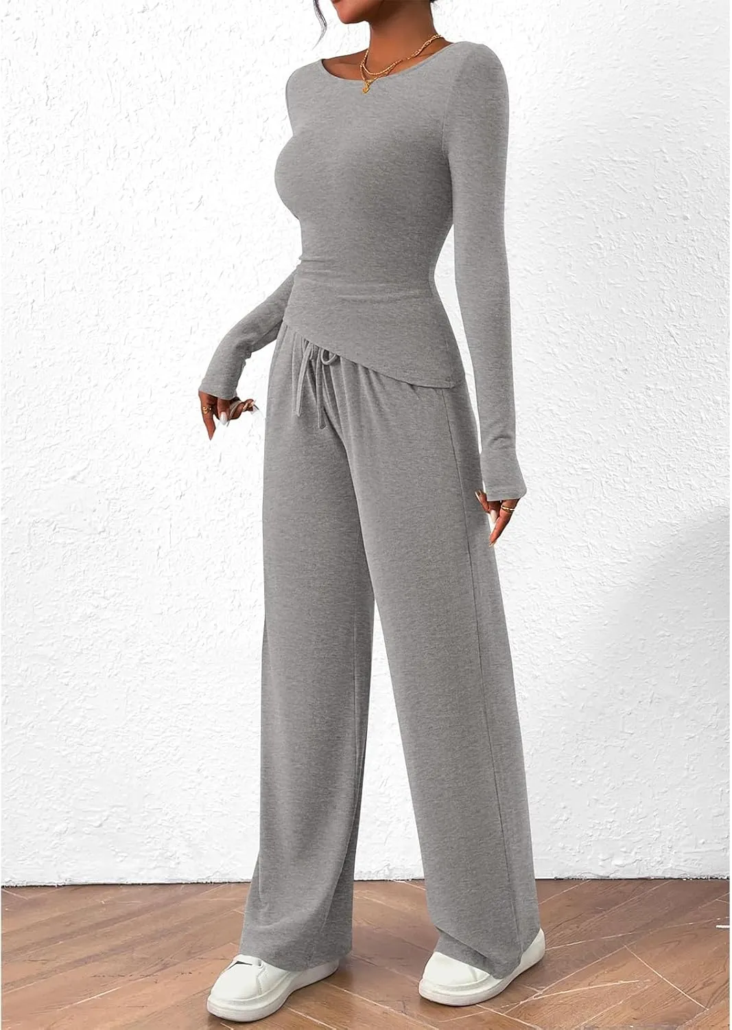 Women's 2 Piece Lounge Sets Asymmetrical Ruched Long Sleeve Top Wide Leg High Waisted Pants Casual Outfits Tracksuit