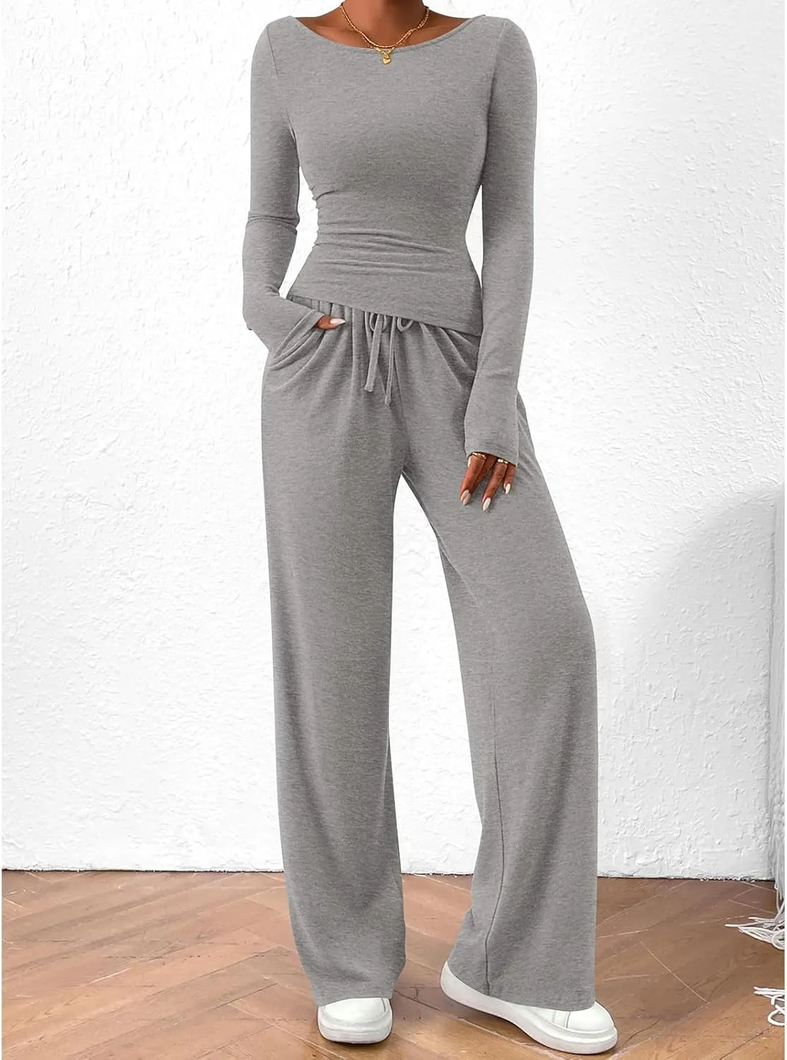 Women's 2 Piece Lounge Sets Asymmetrical Ruched Long Sleeve Top Wide Leg High Waisted Pants Casual Outfits Tracksuit