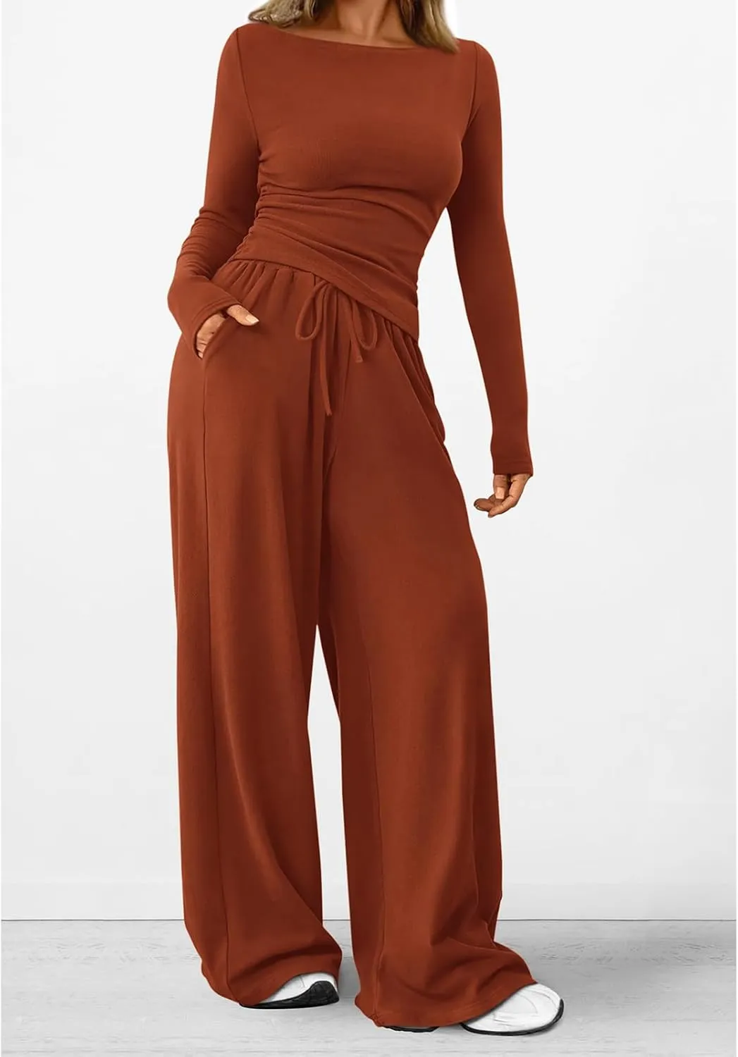Women's 2 Piece Lounge Sets Asymmetrical Ruched Long Sleeve Top Wide Leg High Waisted Pants Casual Outfits Tracksuit