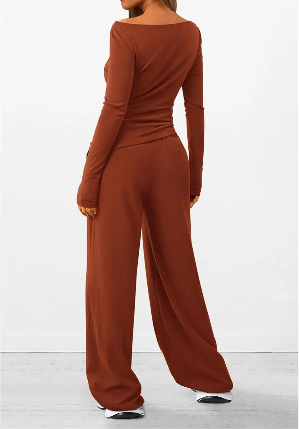 Women's 2 Piece Lounge Sets Asymmetrical Ruched Long Sleeve Top Wide Leg High Waisted Pants Casual Outfits Tracksuit