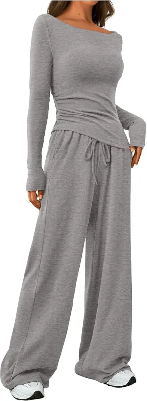 Women's 2 Piece Lounge Sets Asymmetrical Ruched Long Sleeve Top Wide Leg High Waisted Pants Casual Outfits Tracksuit