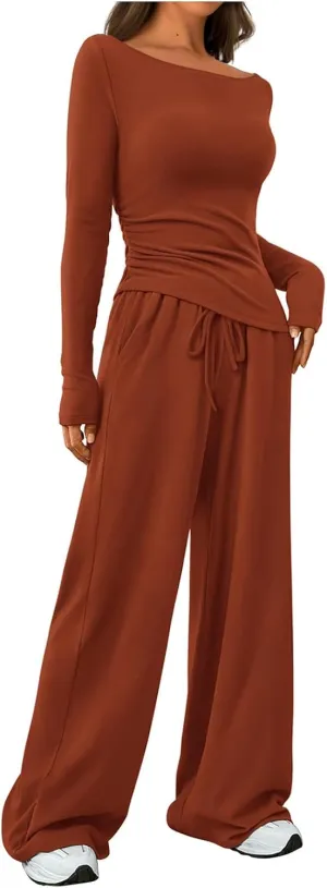 Women's 2 Piece Lounge Sets Asymmetrical Ruched Long Sleeve Top Wide Leg High Waisted Pants Casual Outfits Tracksuit
