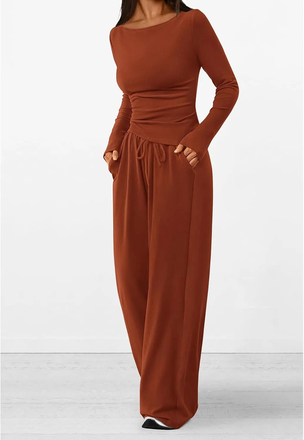 Women's 2 Piece Lounge Sets Asymmetrical Ruched Long Sleeve Top Wide Leg High Waisted Pants Casual Outfits Tracksuit