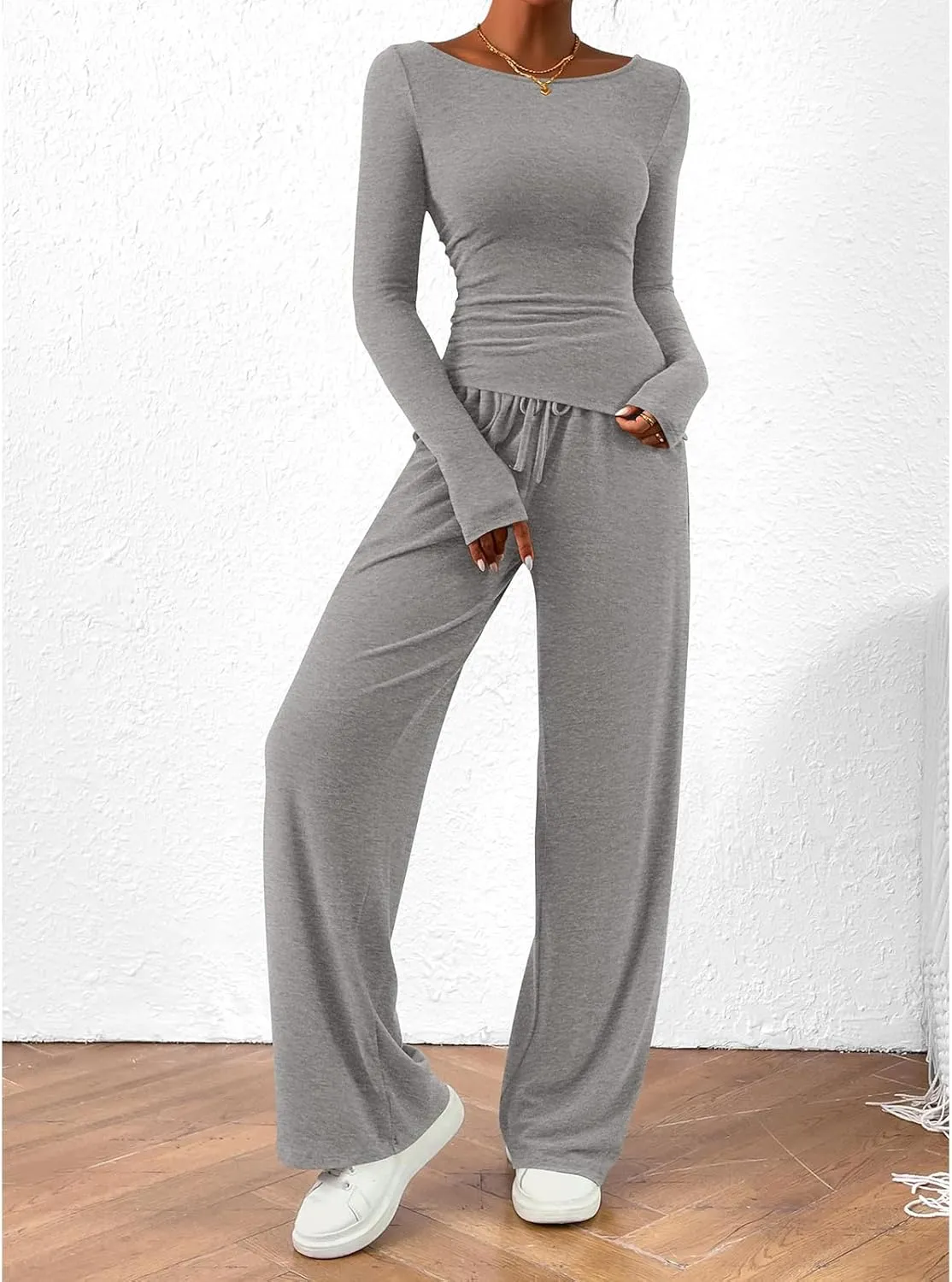 Women's 2 Piece Lounge Sets Asymmetrical Ruched Long Sleeve Top Wide Leg High Waisted Pants Casual Outfits Tracksuit