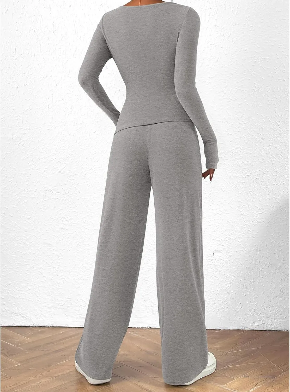 Women's 2 Piece Lounge Sets Asymmetrical Ruched Long Sleeve Top Wide Leg High Waisted Pants Casual Outfits Tracksuit