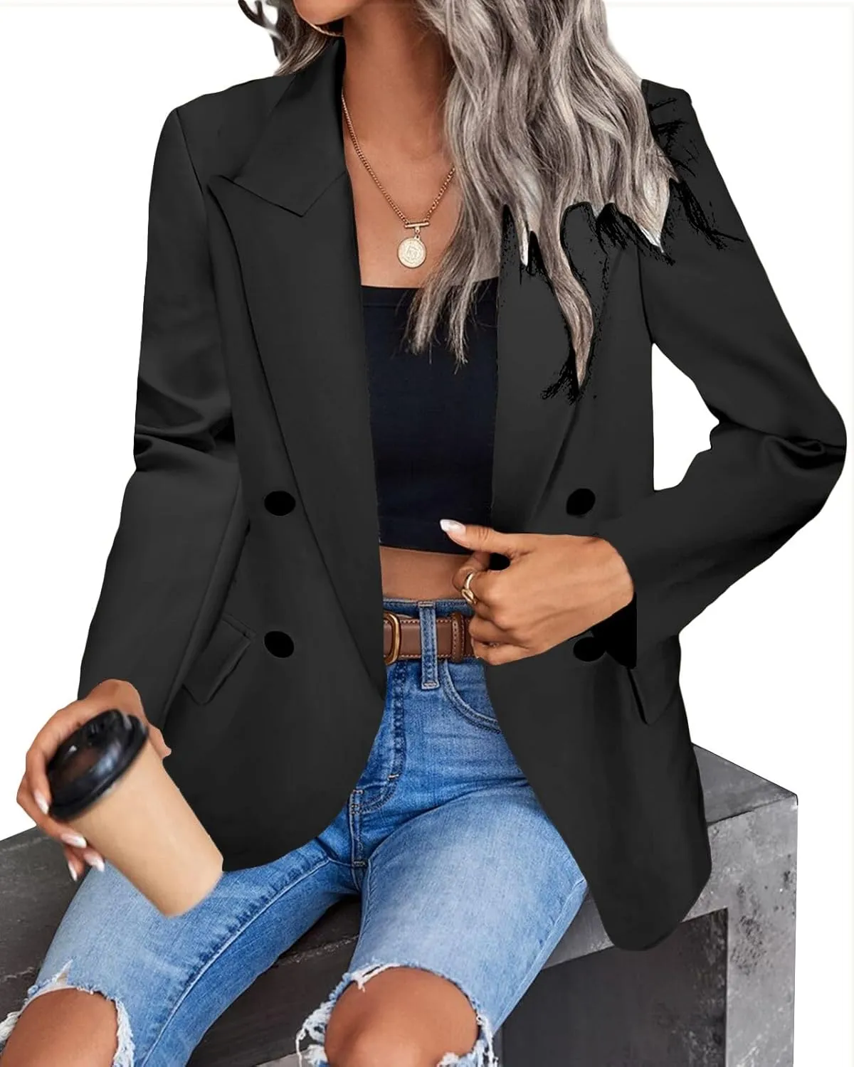 Women's 2024 Spring Casual Blazer Jackets Long Sleeve Lapel Pocket Loose Fit Work Casual Blazers Outerwear