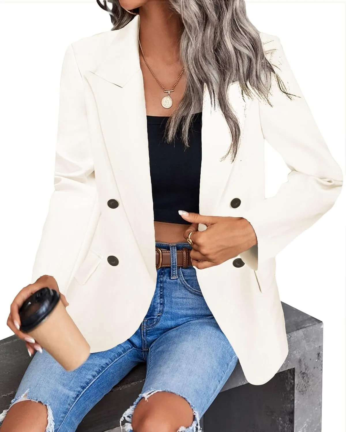 Women's 2024 Spring Casual Blazer Jackets Long Sleeve Lapel Pocket Loose Fit Work Casual Blazers Outerwear