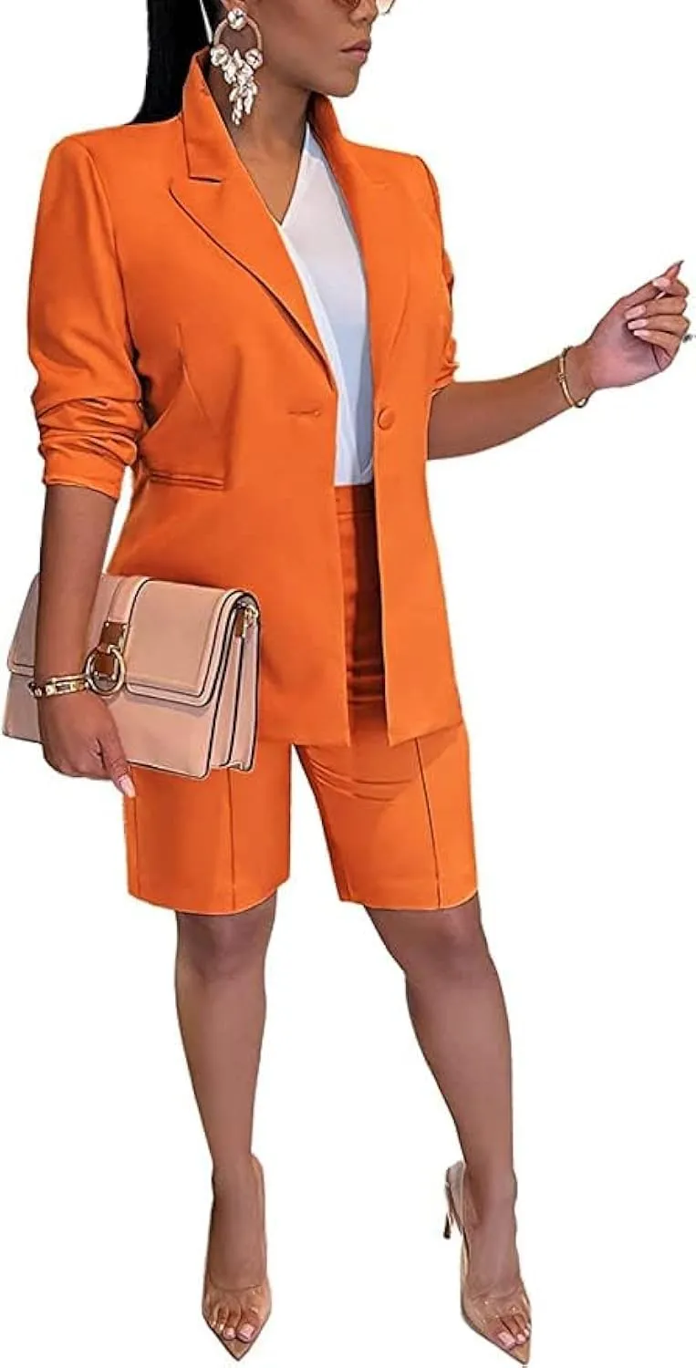 Women's 2024 Two Piece Outfits Casual Solid Color Open Front Blazer Shorts Set One Button Up Jacket and Bermuda Short Suits