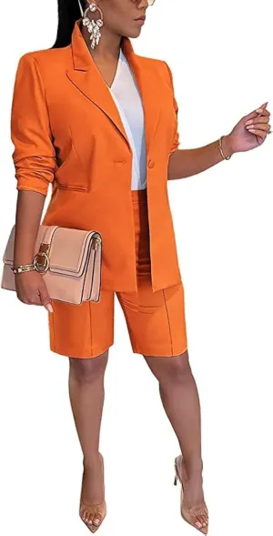 Women's 2024 Two Piece Outfits Casual Solid Color Open Front Blazer Shorts Set One Button Up Jacket and Bermuda Short Suits