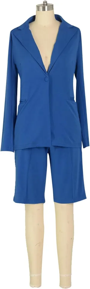 Women's 2024 Two Piece Outfits Casual Solid Color Open Front Blazer Shorts Set One Button Up Jacket and Bermuda Short Suits