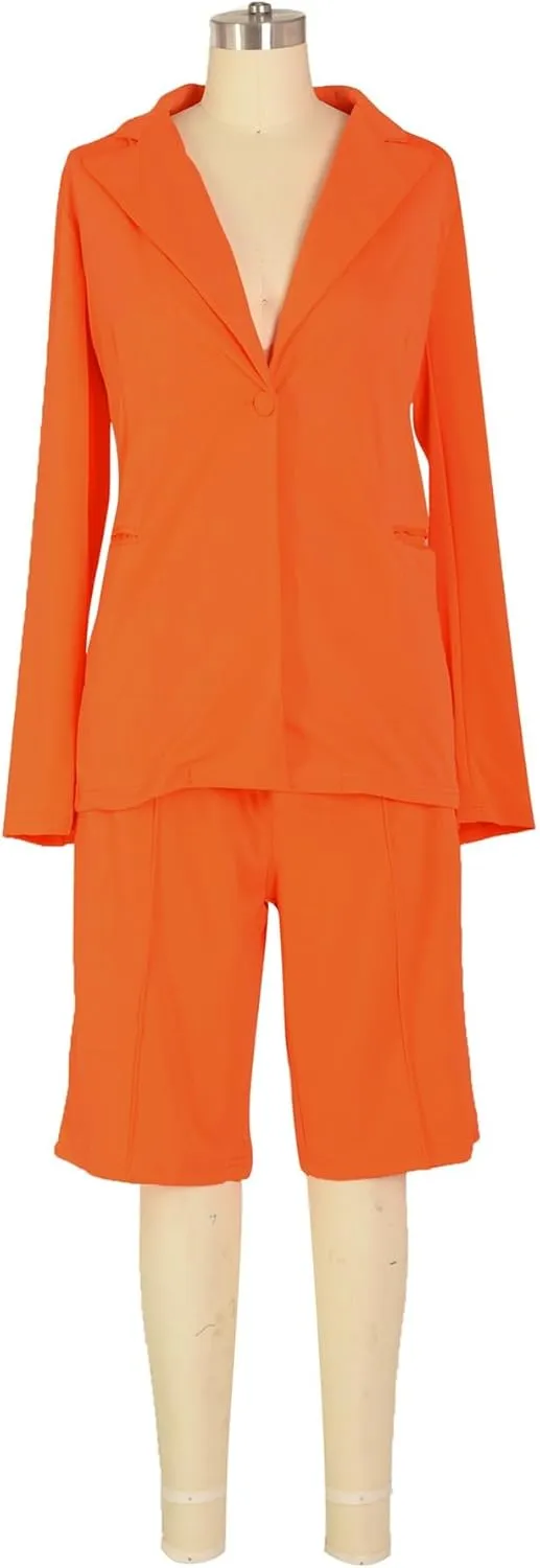 Women's 2024 Two Piece Outfits Casual Solid Color Open Front Blazer Shorts Set One Button Up Jacket and Bermuda Short Suits