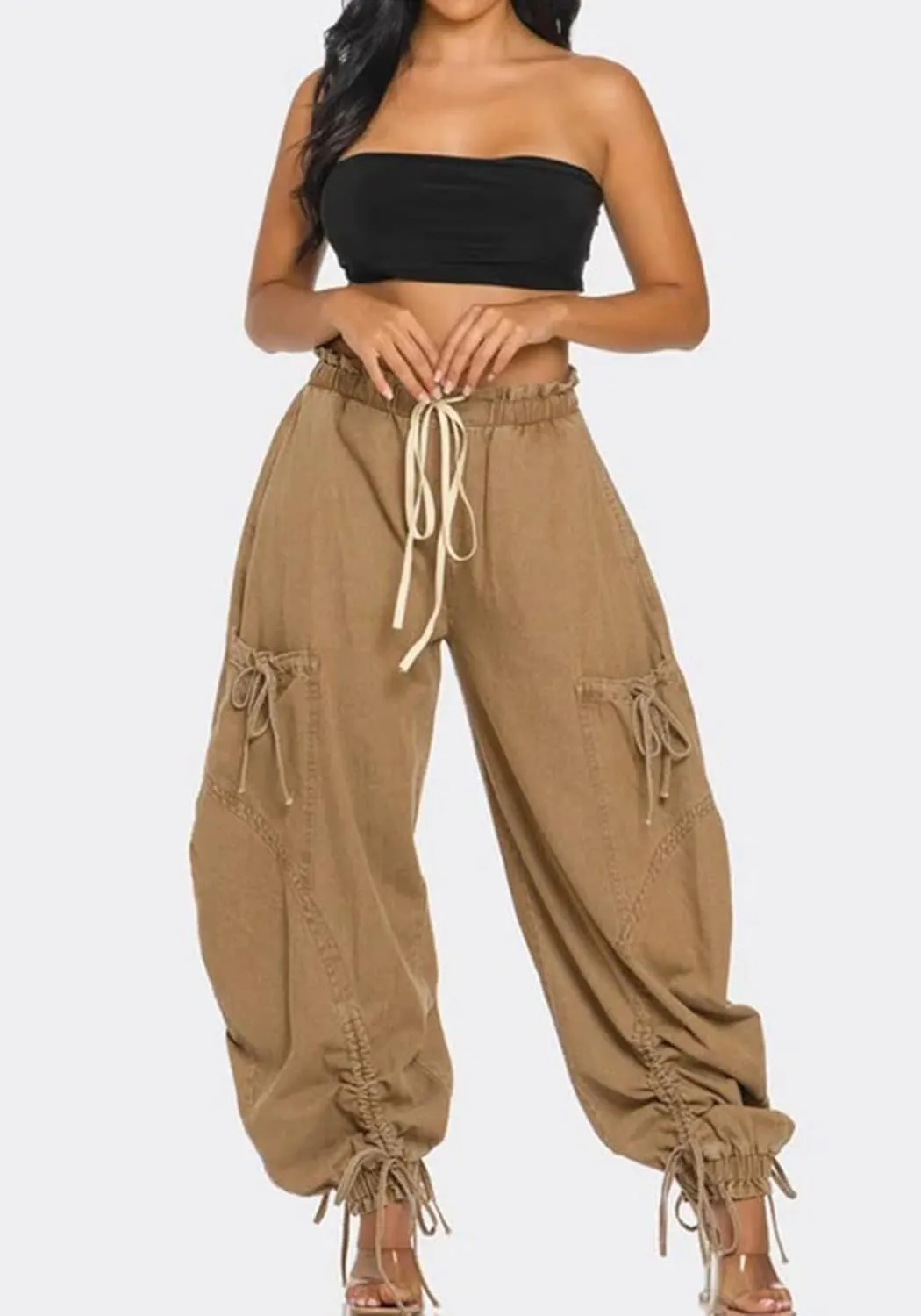Women's Baggy Barrel Jeans High Waist Y2K Drawstring Bow Tie Cargo Jogger Jean Wide Leg Denim Pants Sweatpants