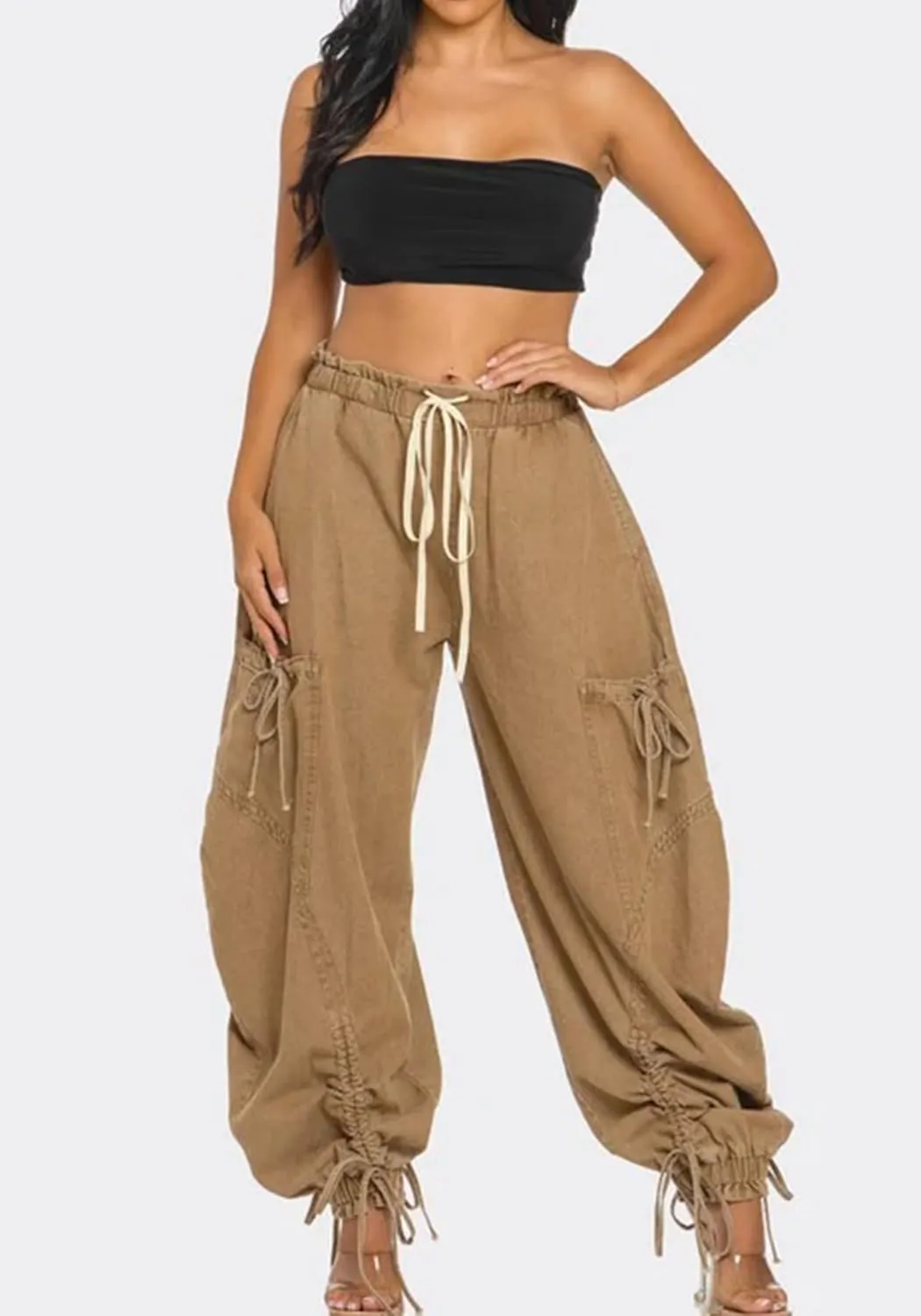Women's Baggy Barrel Jeans High Waist Y2K Drawstring Bow Tie Cargo Jogger Jean Wide Leg Denim Pants Sweatpants
